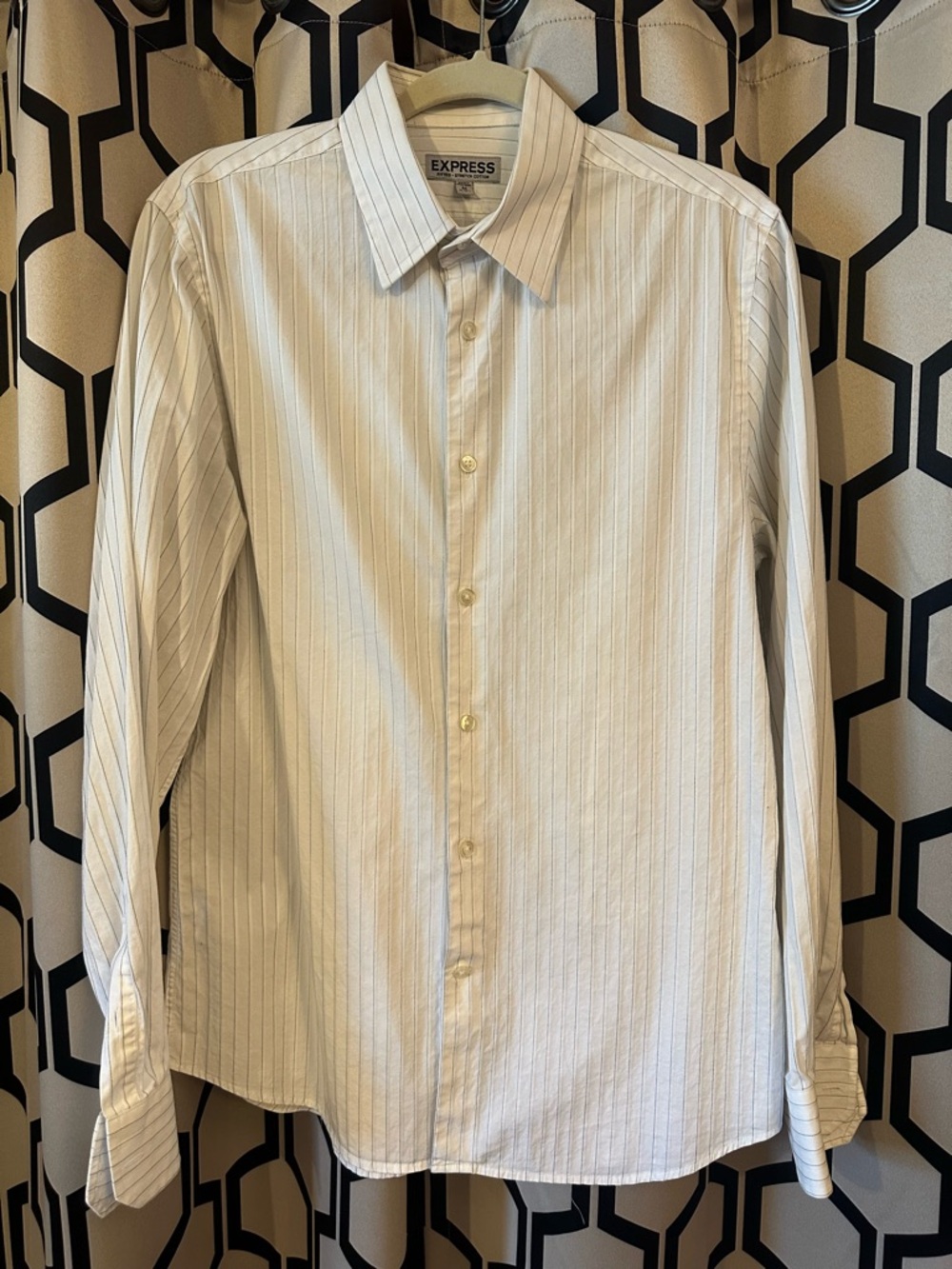 Express Men's White Dress Shirt with Subtle Black Pinstripes